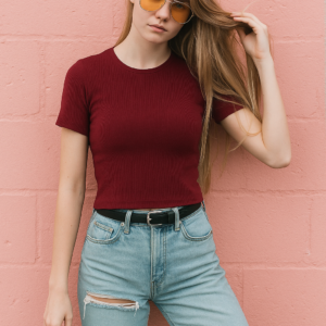 Crimson Charm Ribbed Round Neck Top